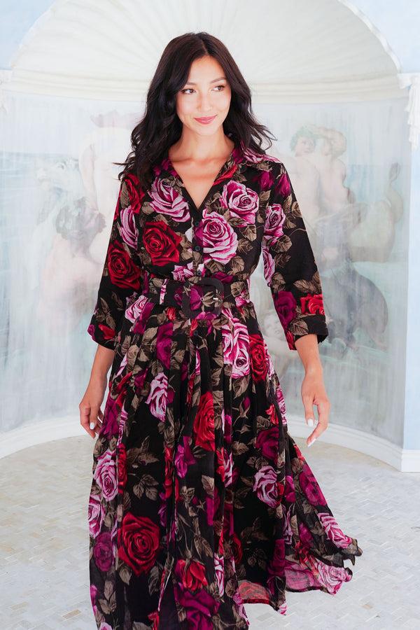 Samantha Sung Audrey Dress #4 Shirt Collar 3/4 Sleeve Midi Length Wool (Charlotte Rose Big Dark) - Sepia Raspberry
