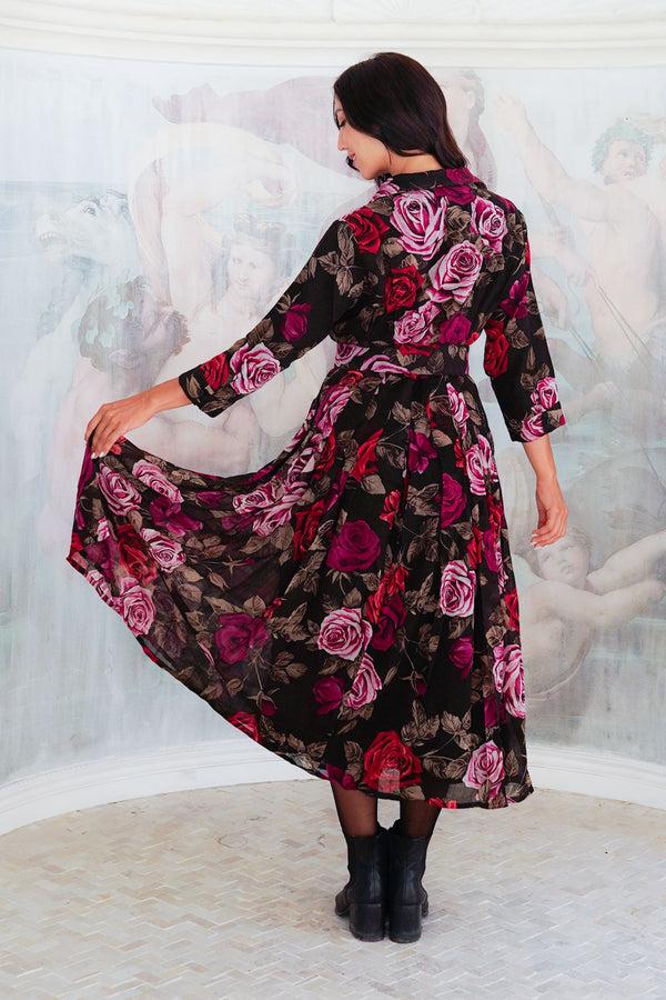 Samantha Sung Audrey Dress #4 Shirt Collar 3/4 Sleeve Midi Length Wool (Charlotte Rose Big Dark) - Sepia Raspberry