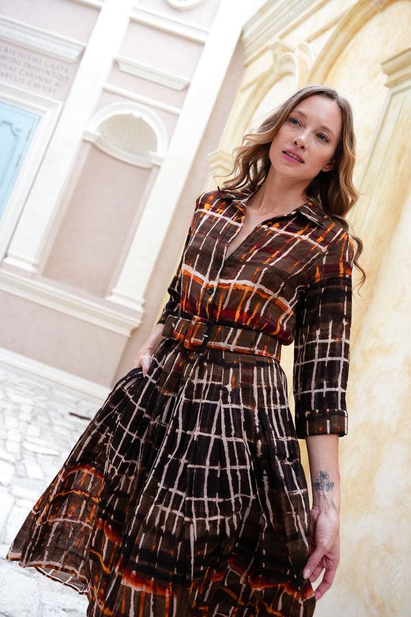 Samantha Sung Audrey Dress #4 Shirt Collar 3/4 Sleeve Midi Length Wool (Watercolor Plaid Big) - Camel