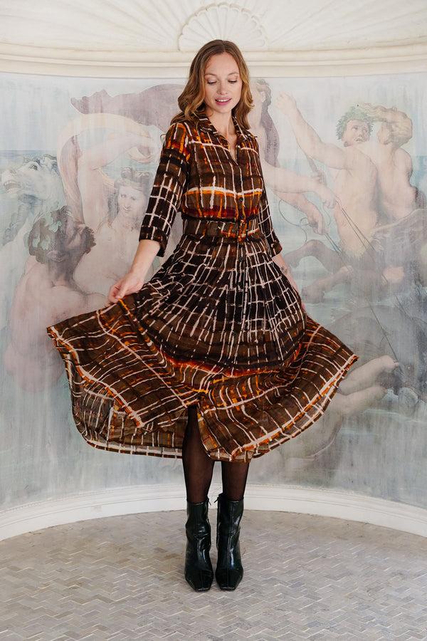 Samantha Sung Audrey Dress #4 Shirt Collar 3/4 Sleeve Midi Length Wool (Watercolor Plaid Big) - Camel