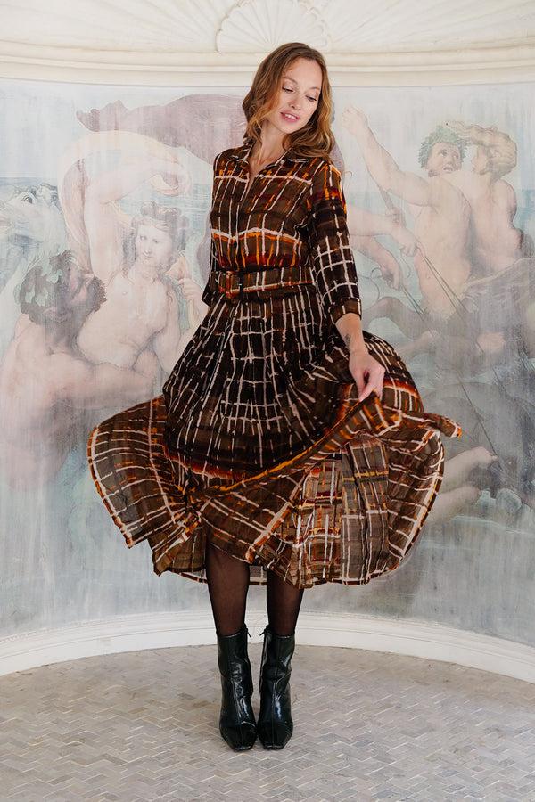 Samantha Sung Audrey Dress #4 Shirt Collar 3/4 Sleeve Midi Length Wool (Watercolor Plaid Big) - Camel