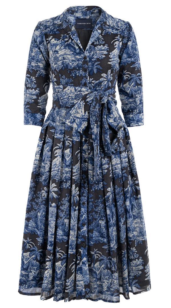 Samantha Sung Audrey Dress #4 Shirt Collar 3/4 Sleeve Midi Length Wool (Arabian Night Toile Multi) 16