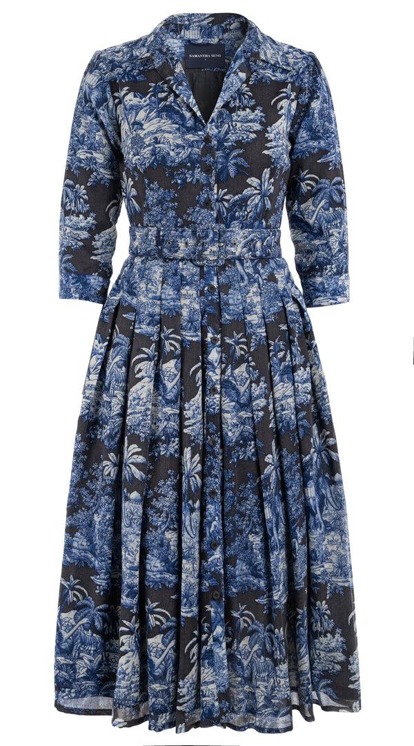samantha sung Audrey Dress #4 Shirt Collar 3/4 Sleeve Midi Length Wool (Arabian Night Toile Multi) 16