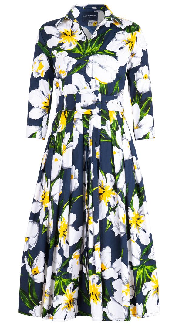 samantha sung Audrey Dress #4 Shirt Collar 3/4 Sleeve Midi Length Cotton Stretch (Emperor Tulip Bright) 1