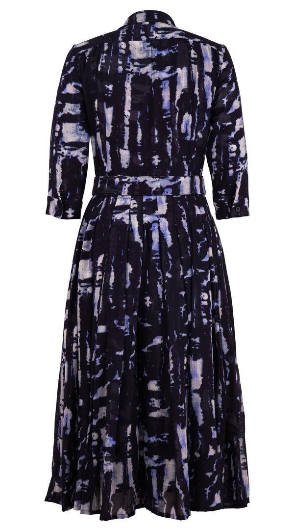 Samantha Sung Audrey Dress #4 Shirt Collar 3/4 Sleeve Midi Length Wool (Viper Zebra) - Midnight Blue