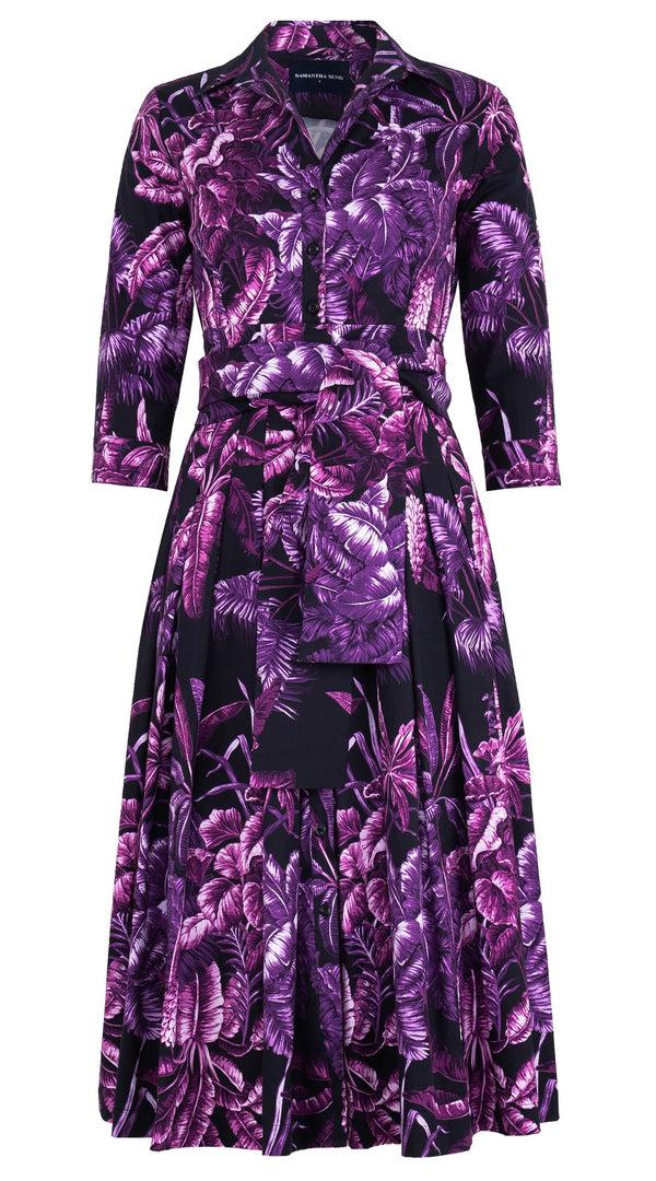 Samantha Sung Audrey Dress #4 Shirt Collar 3/4 Sleeve Midi Length Cotton Stretch (Vintage Palm)