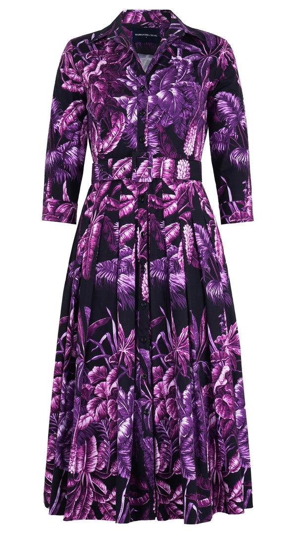 samantha sung Audrey Dress #4 Shirt Collar 3/4 Sleeve Midi Length Cotton Stretch (Vintage Palm)