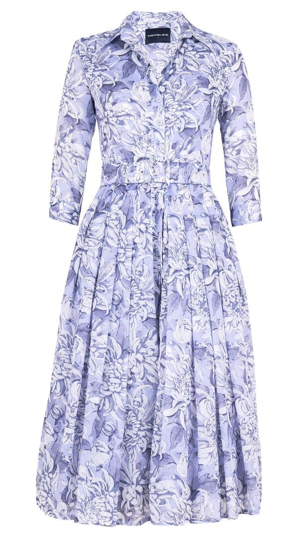 Samantha Sung Audrey Dress #4 Shirt Collar 3/4 Sleeve Midi Length Cotton Musola (Chrysanthemum Flower Big)