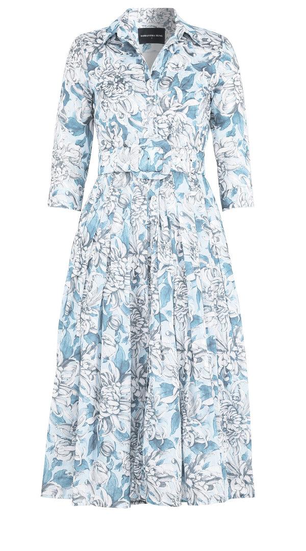 samantha sung Audrey Dress #4 Shirt Collar 3/4 Sleeve Midi Length Cotton Musola (Chrysanthemum Flower Big)
