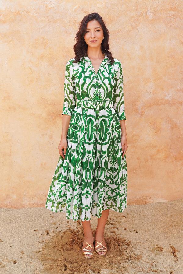 samantha sung Audrey Dress #4 Shirt Collar 3/4 Sleeve Midi Length Cotton Musola (Maiolica Blue Tile Small)