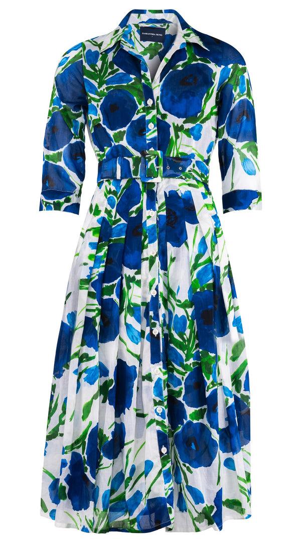 samantha sung Audrey Dress #4 Shirt Collar 3/4 Sleeve Midi Length Cotton Musola (Fiori Poppy Big White)