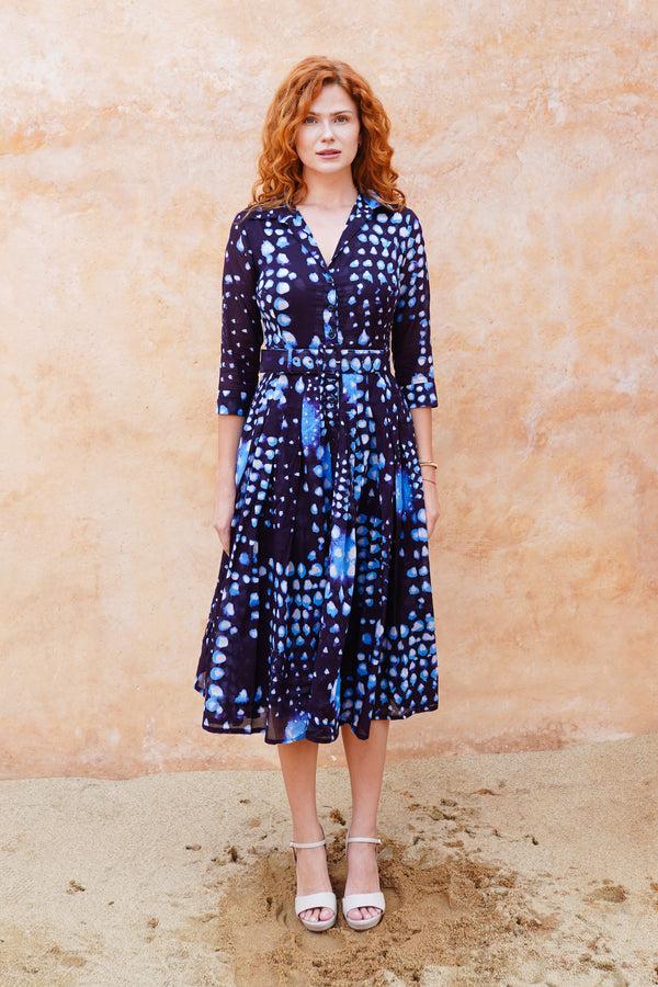 samantha sung Audrey Dress #4 Shirt Collar 3/4 Sleeve Midi Length Cotton Musola (Tie Dye Geometric Bright)