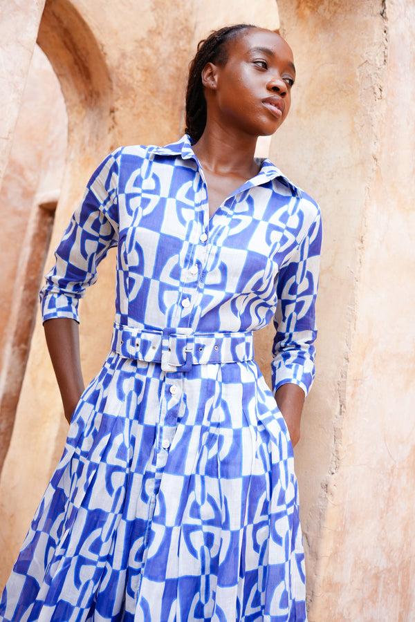 Samantha Sung Audrey Dress #4 Shirt Collar 3/4 Sleeve Midi Length Cotton Musola (Geometric Chain)