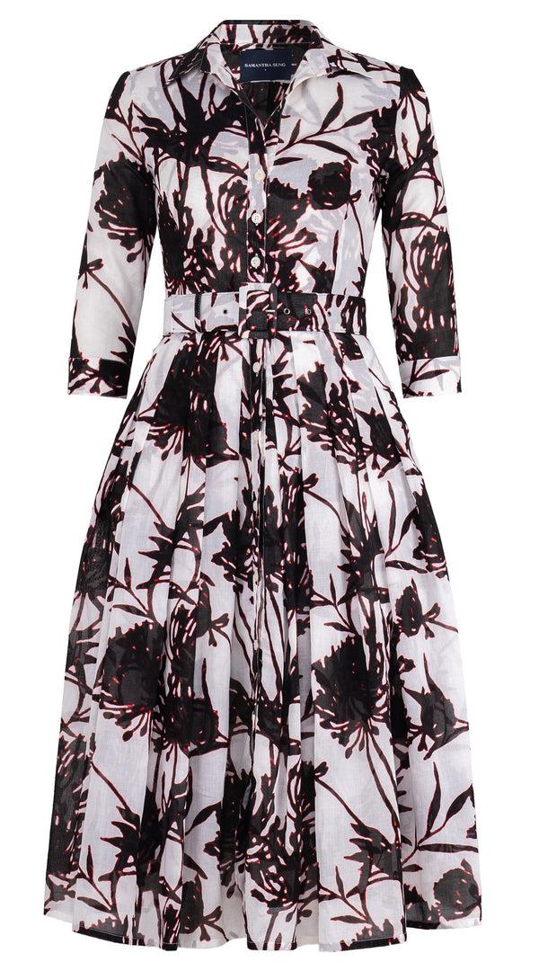 samantha sung Audrey Dress #4 Shirt Collar 3/4 Sleeve Midi Length Cotton Musola (Primavery Silhouette White)