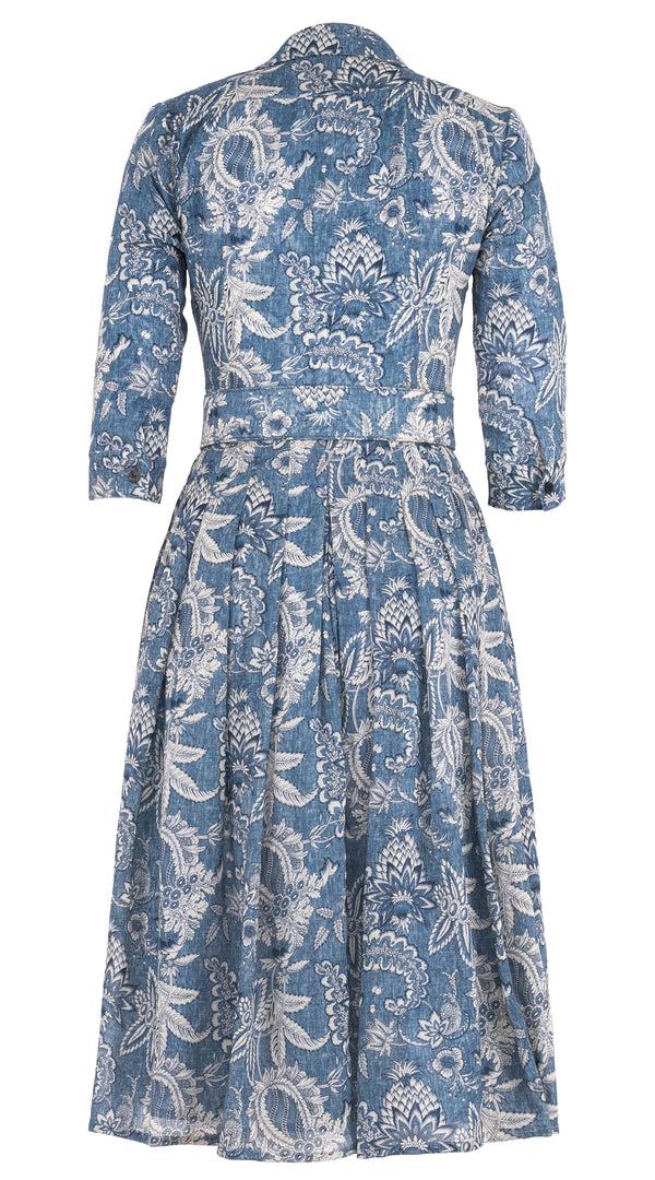Samantha Sung Audrey Dress #4 Shirt Collar 3/4 Sleeve Midi Length Wool (Botanic Antique Dark) - Dusty Blue