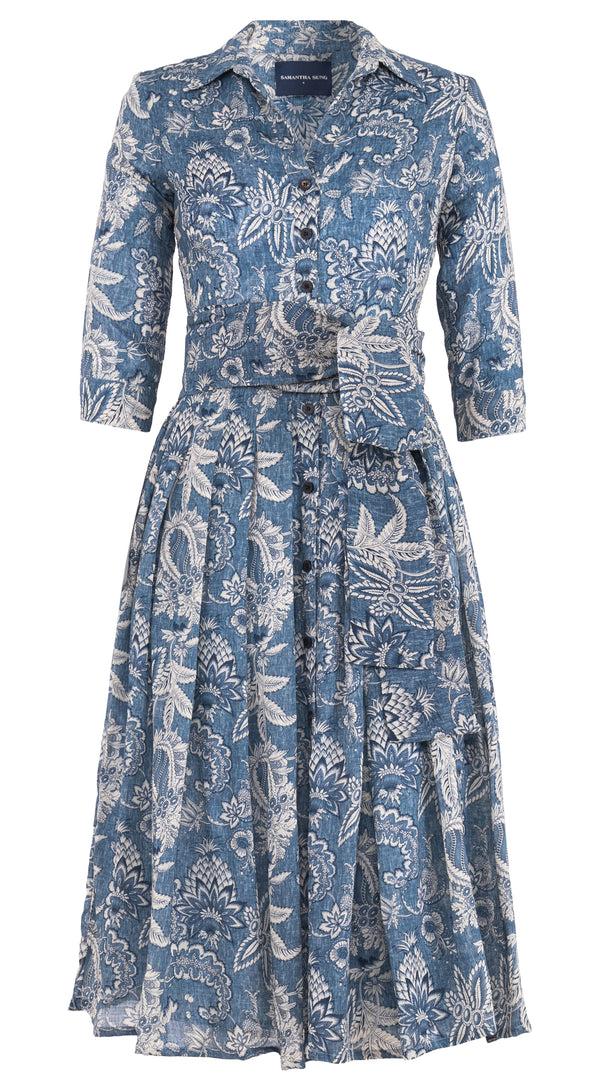 Samantha Sung Audrey Dress #4 Shirt Collar 3/4 Sleeve Midi Length Wool (Botanic Antique Dark) - Dusty Blue