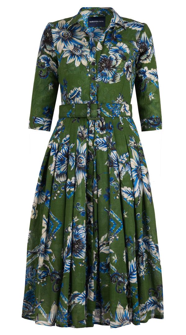 samantha sung Audrey Dress #4 Shirt Collar 3/4 Sleeve Midi Length Wool (Flower Luxembrug Ivory) - Sap Green Ivory