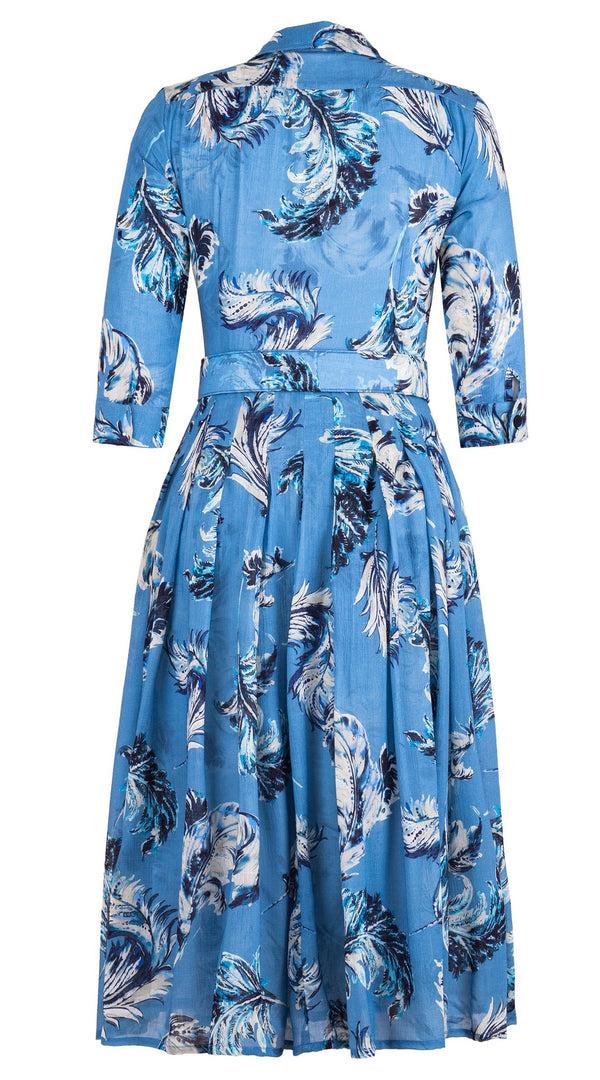 Samantha Sung Audrey Dress #4 Shirt Collar 3/4 Sleeve Midi Length Wool (Feather Lightness Dark) - Dusty Blue