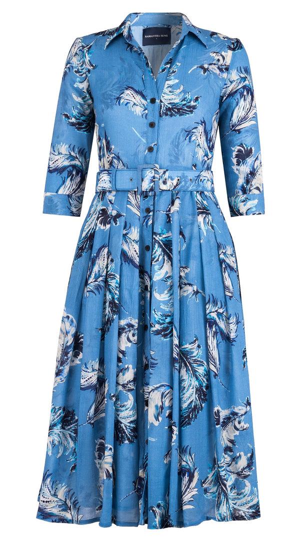 samantha sung Audrey Dress #4 Shirt Collar 3/4 Sleeve Midi Length Wool (Feather Lightness Dark) - Dusty Blue