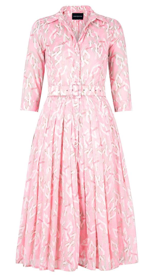 samantha sung Audrey Dress #4 Shirt Collar 3/4 Sleeve Midi Length Cotton Musola (Multi Chain BIg Pastel)