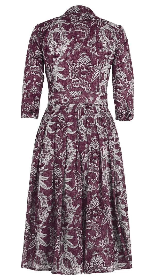 Samantha Sung Audrey Dress #4 Shirt Collar 3/4 Sleeve Midi Length Wool (Botanic Antique Dark) - Plum