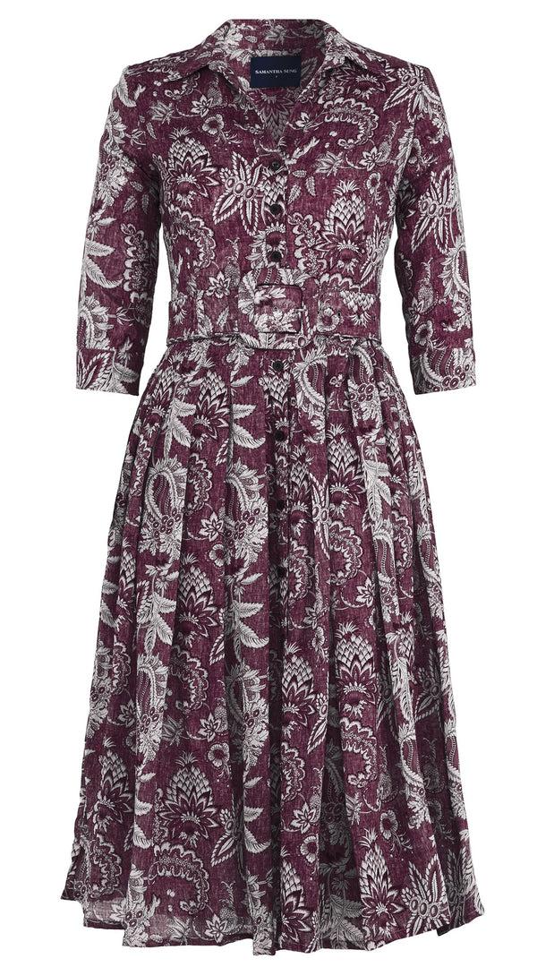 samantha sung Audrey Dress #4 Shirt Collar 3/4 Sleeve Midi Length Wool (Botanic Antique Dark) - Plum
