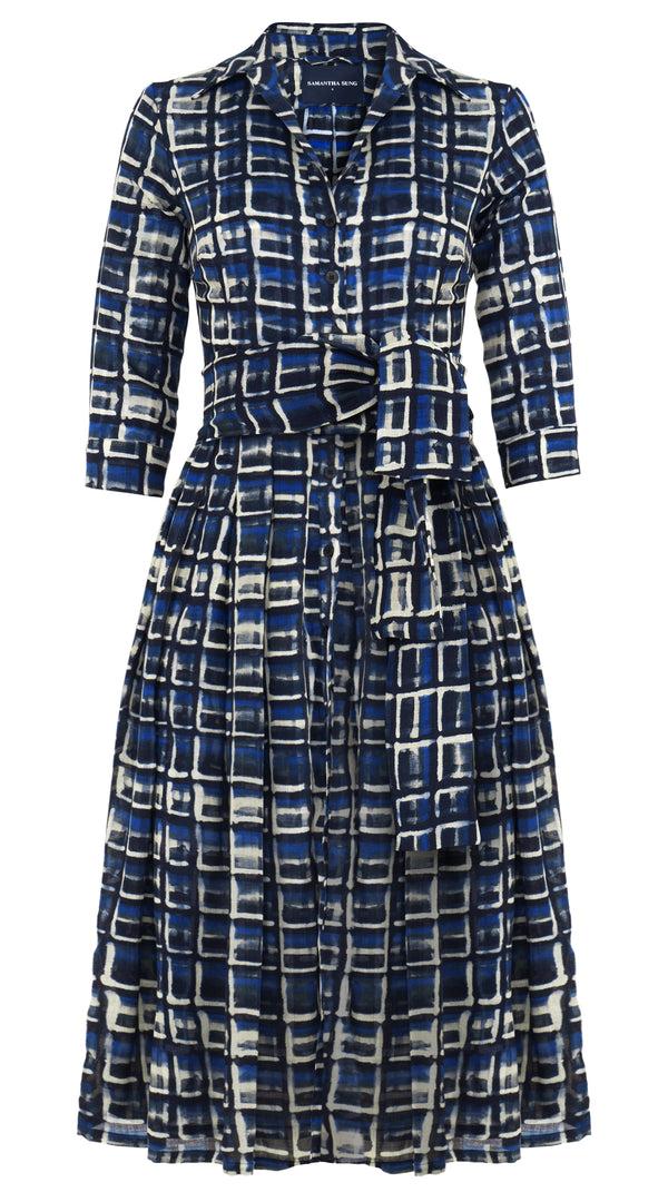 Samantha Sung Audrey Dress #4 Shirt Collar 3/4 Sleeve Midi Length Wool (Watercolor Check) - Blue