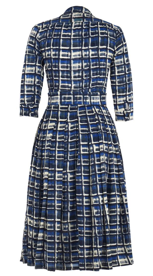 Samantha Sung Audrey Dress #4 Shirt Collar 3/4 Sleeve Midi Length Wool (Watercolor Check) - Blue