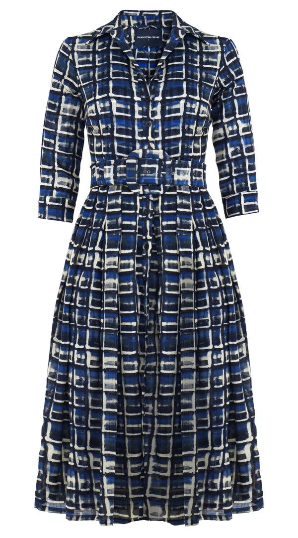 samantha sung Audrey Dress #4 Shirt Collar 3/4 Sleeve Midi Length Wool (Watercolor Check) - Blue