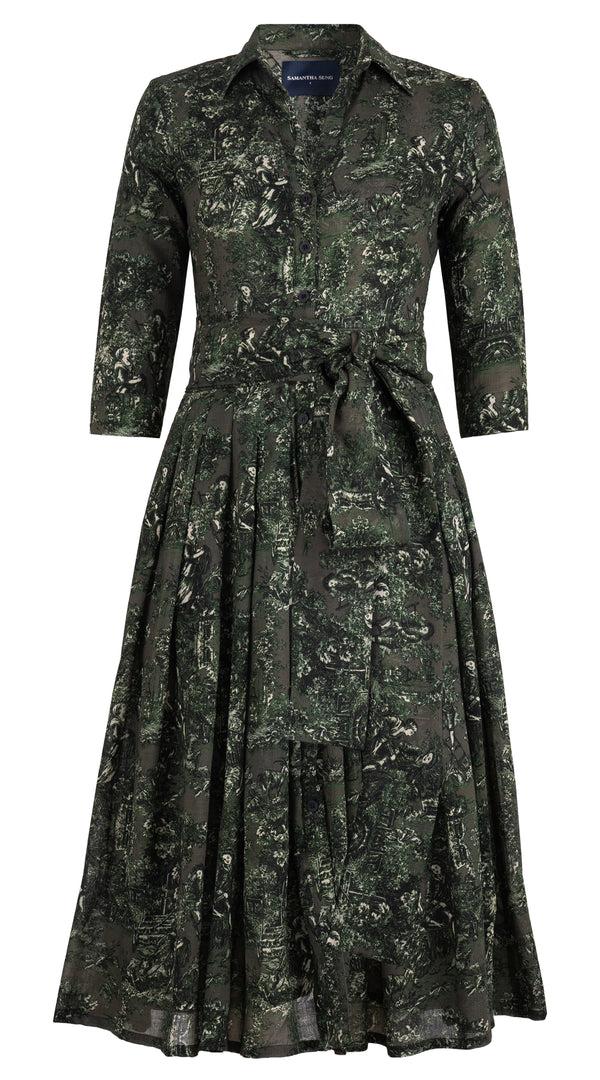 Samantha Sung Audrey Dress #4 Shirt Collar 3/4 Sleeve Midi Length Wool (Antilles Toile Ground) - Taupe Green