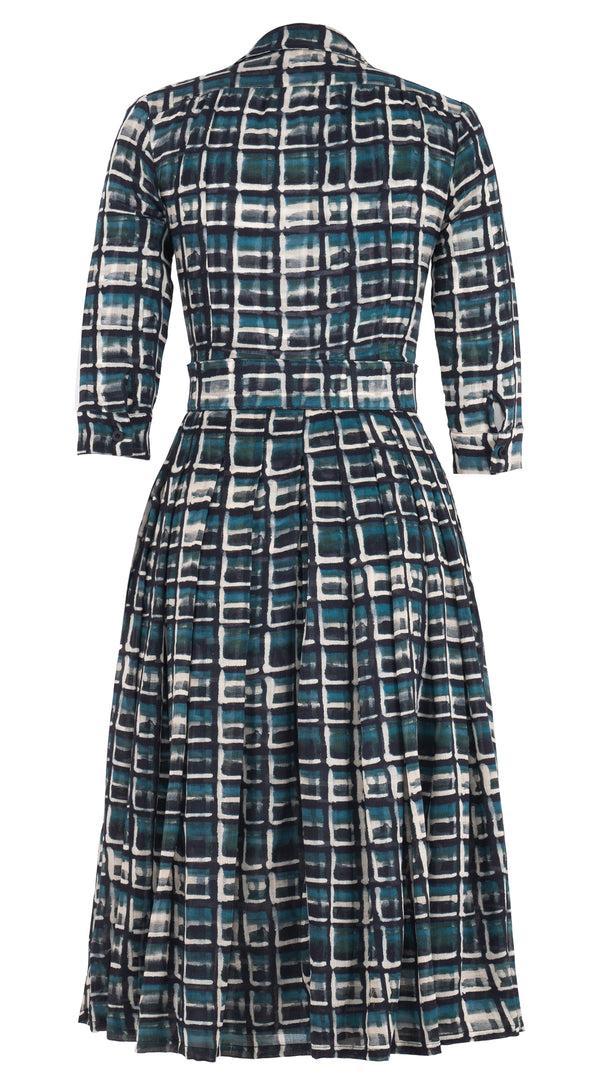 Samantha Sung Audrey Dress #4 Shirt Collar 3/4 Sleeve Midi Length Wool (Watercolor Check) - Jade