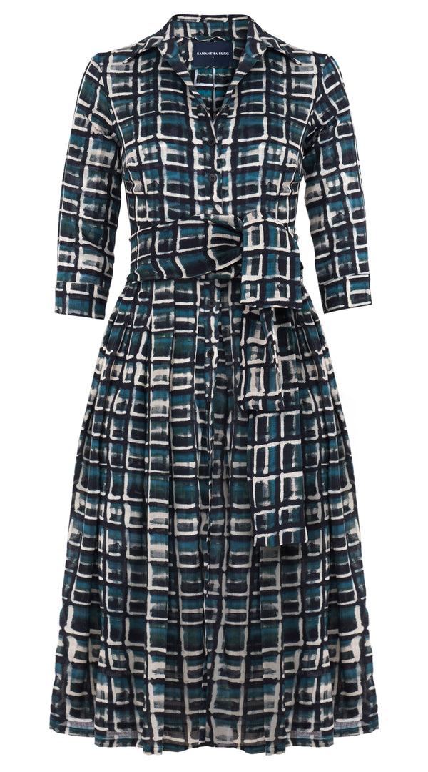 Samantha Sung Audrey Dress #4 Shirt Collar 3/4 Sleeve Midi Length Wool (Watercolor Check) - Jade