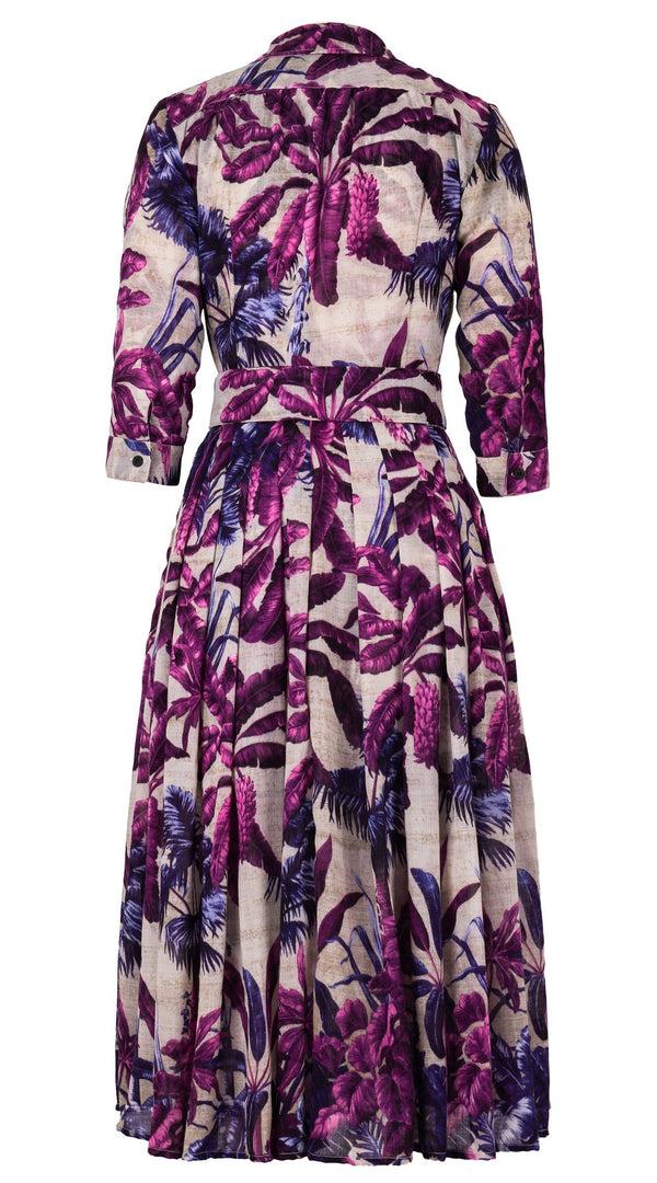 Samantha Sung Audrey Dress #4 Shirt Collar 3/4 Sleeve Midi Length Wool (Vintage Palm Beige) - Beige Lilac