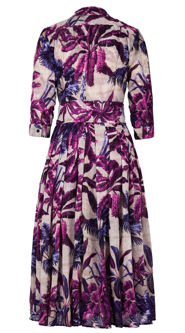 Samantha Sung Audrey Dress #4 Shirt Collar 3/4 Sleeve Midi Length Wool (Vintage Palm Beige) - Beige Lilac