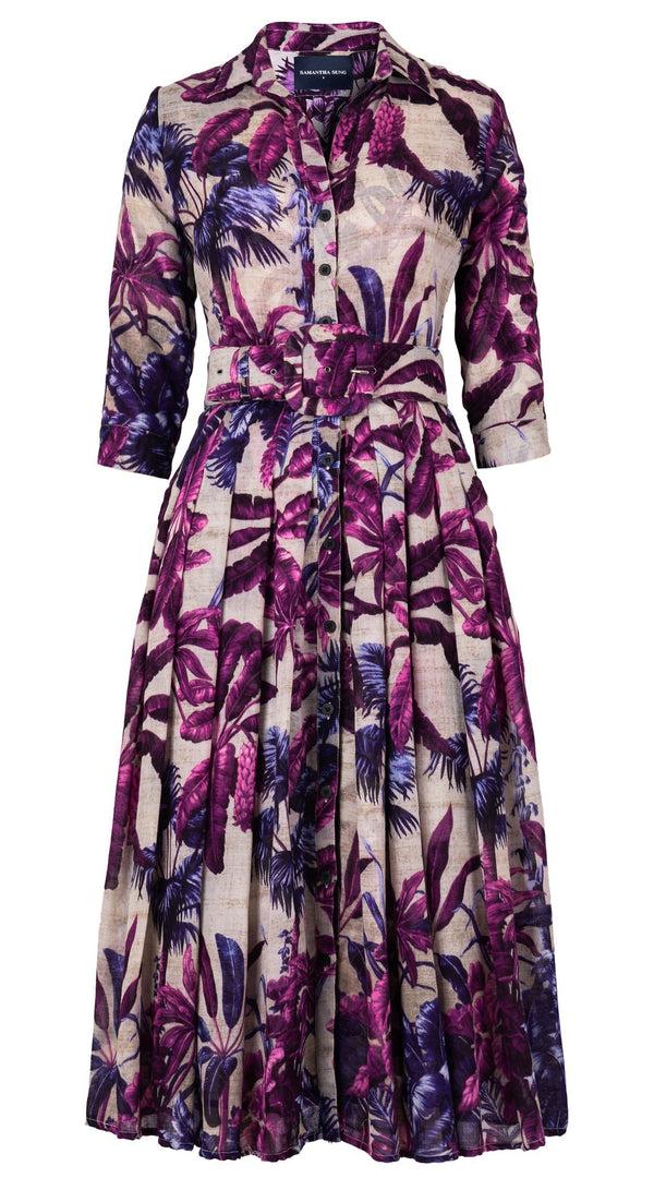 samantha sung Audrey Dress #4 Shirt Collar 3/4 Sleeve Midi Length Wool (Vintage Palm Beige) - Beige Lilac