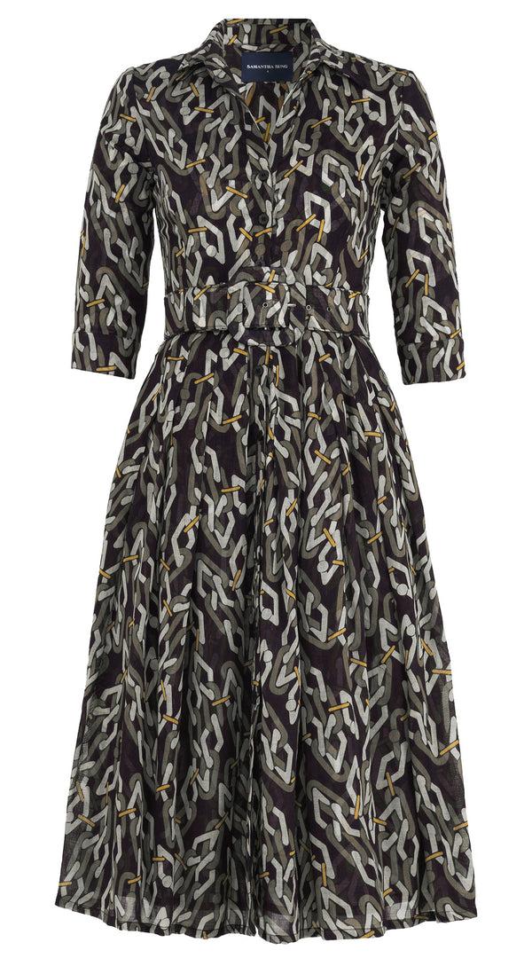 samantha sung Audrey Dress #4 Shirt Collar 3/4 Sleeve Midi Length Wool (Multi Chain Dark) - Olive Green