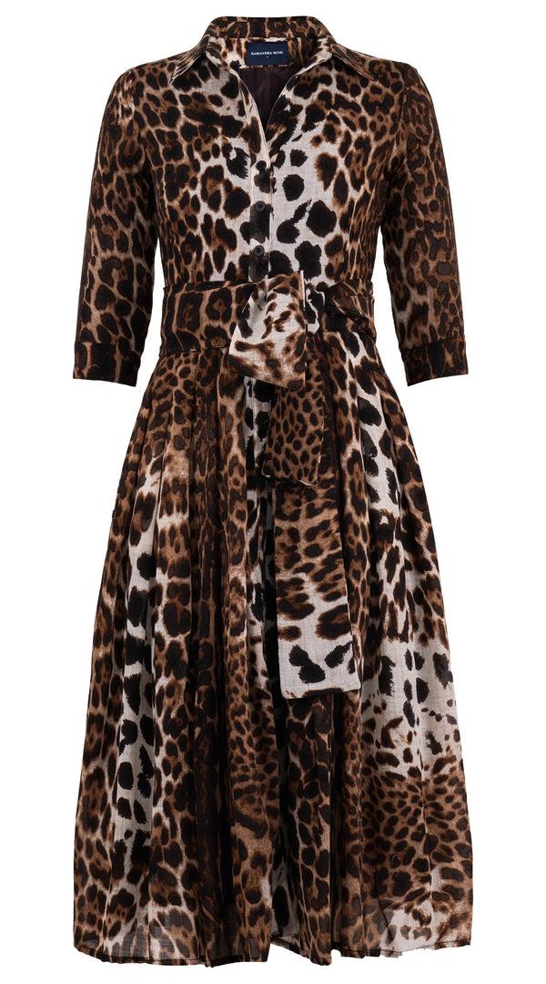 Samantha Sung Audrey Dress #4 Shirt Collar 3/4 Sleeve Midi Length Wool (Colombo Leopard) - Sepia