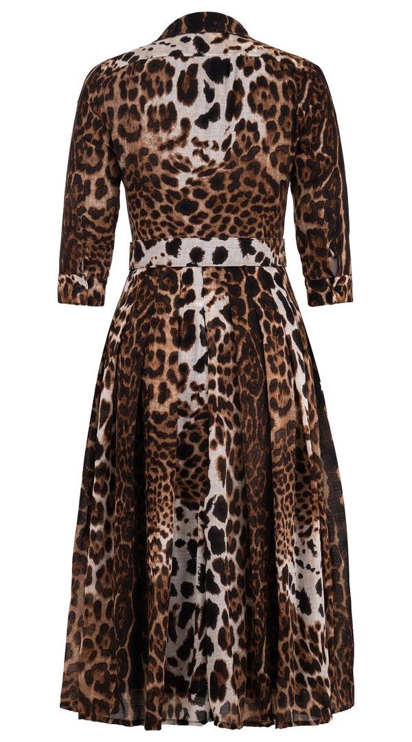 Samantha Sung Audrey Dress #4 Shirt Collar 3/4 Sleeve Midi Length Wool (Colombo Leopard) - Sepia