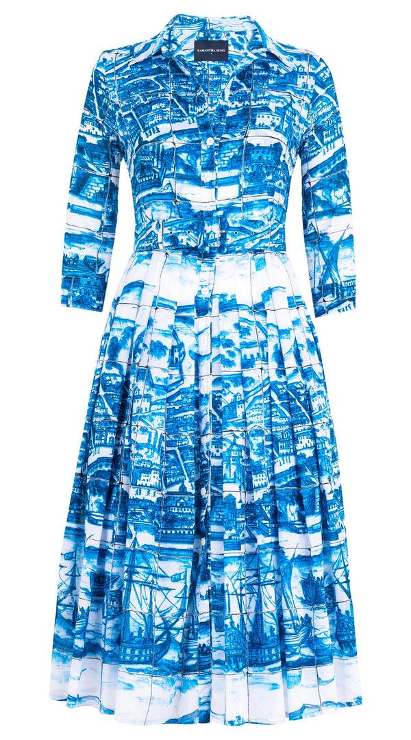 Samantha Sung Audrey Dress #4 Shirt Collar 3/4 Sleeve Midi Length Cotton Musola (Azulejo All Over)