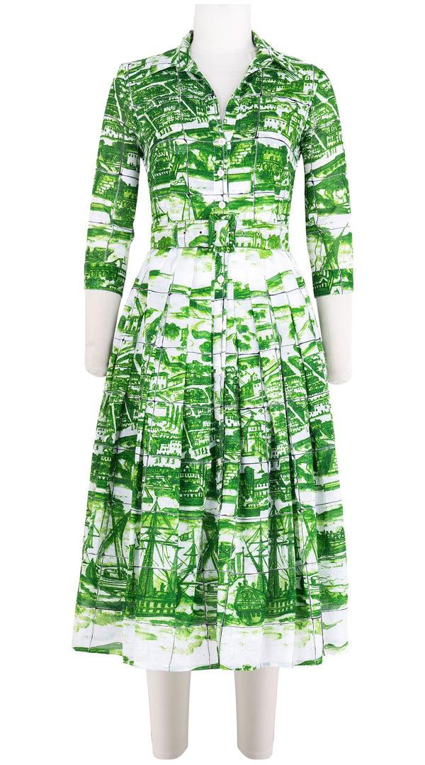 Samantha Sung Audrey Dress #4 Shirt Collar 3/4 Sleeve Midi Length Cotton Musola (Azulejo All Over)