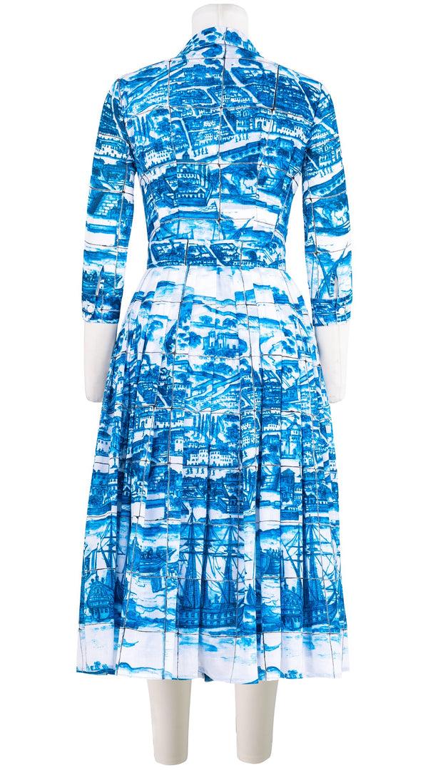 Samantha Sung Audrey Dress #4 Shirt Collar 3/4 Sleeve Midi Length Cotton Musola (Azulejo All Over)