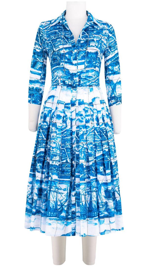 samantha sung Audrey Dress #4 Shirt Collar 3/4 Sleeve Midi Length Cotton Musola (Azulejo All Over)