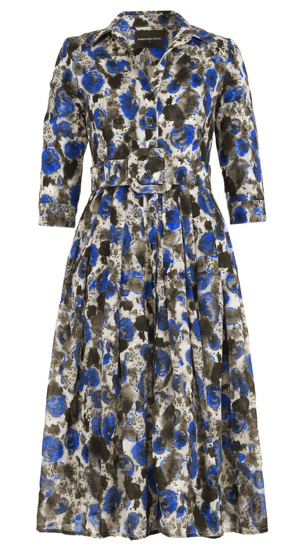 samantha sung Audrey Dress #4 Shirt Collar 3/4 Sleeve Midi Length Wool (Animal Dots)