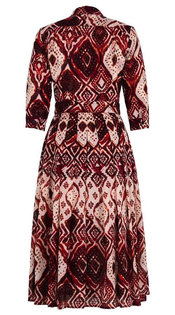 Samantha Sung Audrey Dress #4 Shirt Collar 3/4 Sleeve Midi Length Wool (Tie Dye Maldives Ivory) - Ivory Burgundy