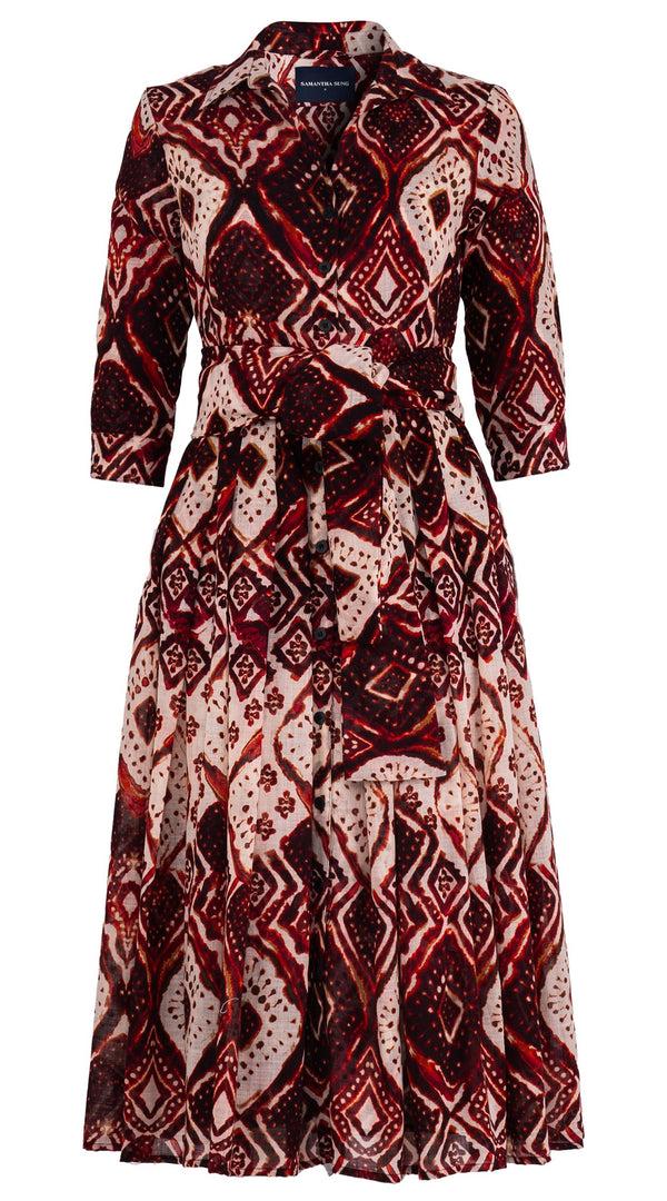Samantha Sung Audrey Dress #4 Shirt Collar 3/4 Sleeve Midi Length Wool (Tie Dye Maldives Ivory) - Ivory Burgundy