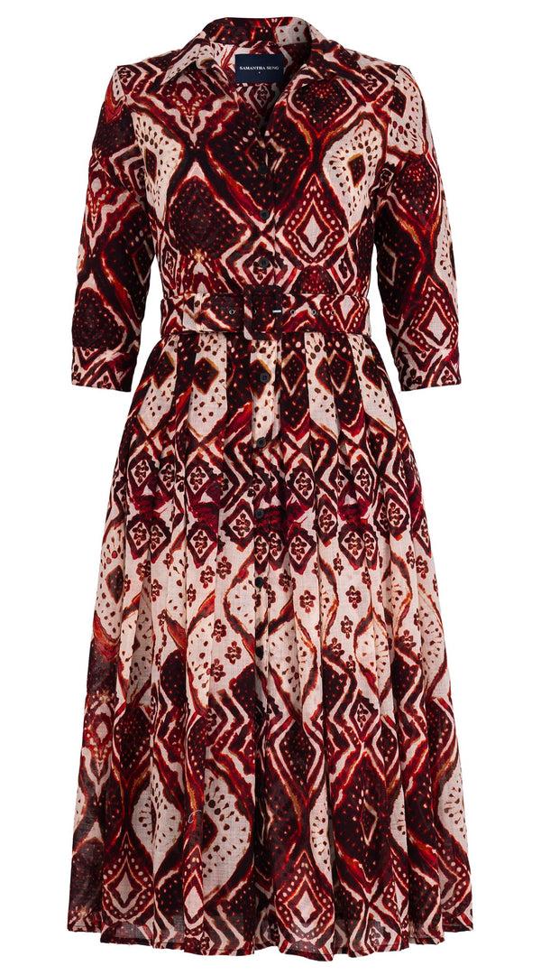 samantha sung Audrey Dress #4 Shirt Collar 3/4 Sleeve Midi Length Wool (Tie Dye Maldives Ivory) - Ivory Burgundy