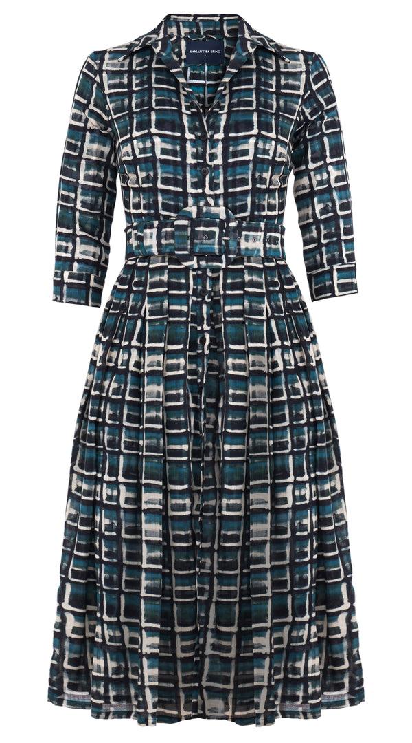 samantha sung Audrey Dress #4 Shirt Collar 3/4 Sleeve Midi Length Wool (Watercolor Check) - Jade