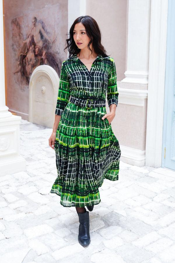 samantha sung Audrey Dress #4 Shirt Collar 3/4 Sleeve Midi Length Wool (Watercolor Plaid Big) - Green