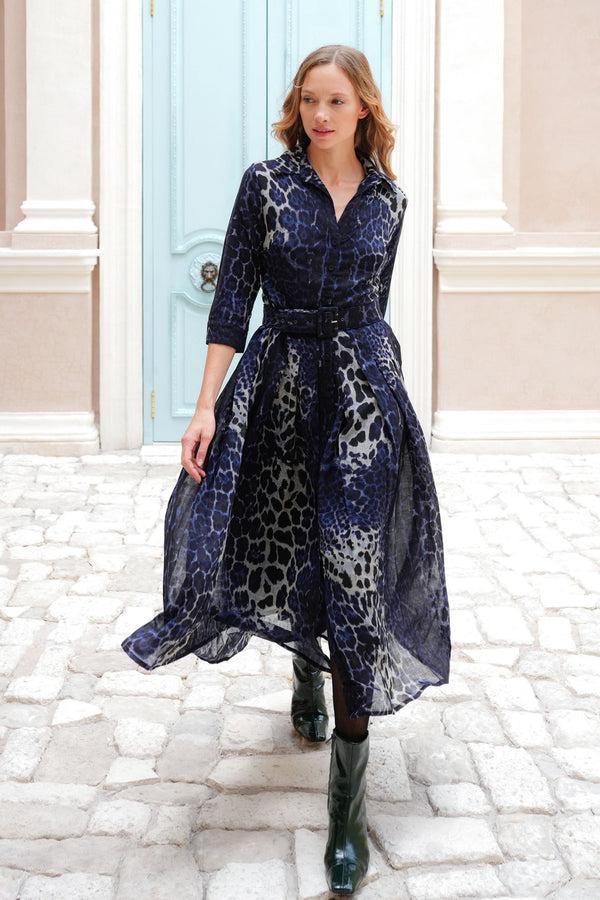 Samantha Sung Audrey Dress #4 Shirt Collar 3/4 Sleeve Midi Plus Length Wool (Colombo Leopard) - Midnight Blue