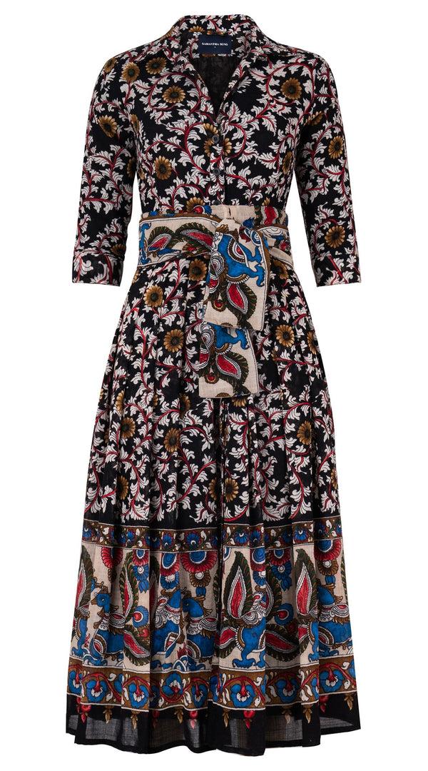 Samantha Sung Audrey Dress #4 Shirt Collar 3/4 Sleeve Midi Plus Length Wool (Dupattas Bird) - Black Multi